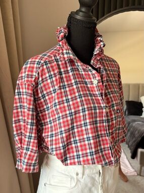 LG Red, Navy Plaid Upcycle Ruffle Button-Down Blouse XL